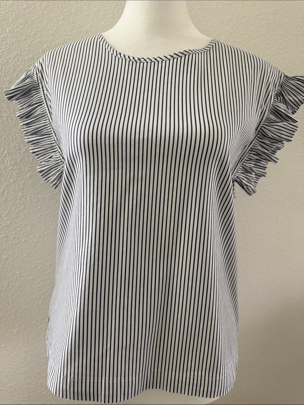 Express White Top with Blue Pinstripes and Ruffle Sleeves